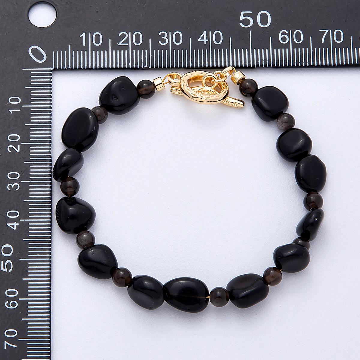Handcrafted Chunky 18K Gold Filled Black Agate, Amazon, Carnelian Gemstone Cluster Beaded Bracelet with Gold Accent | WA-4109