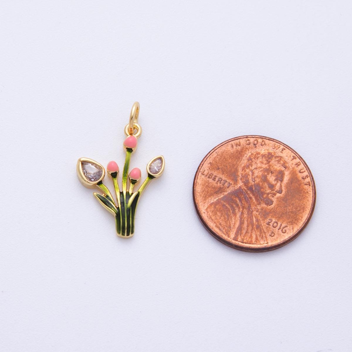 18K Gold Filled Tulip April Birth Flower Enamel With CZ Charm | Charms-00102