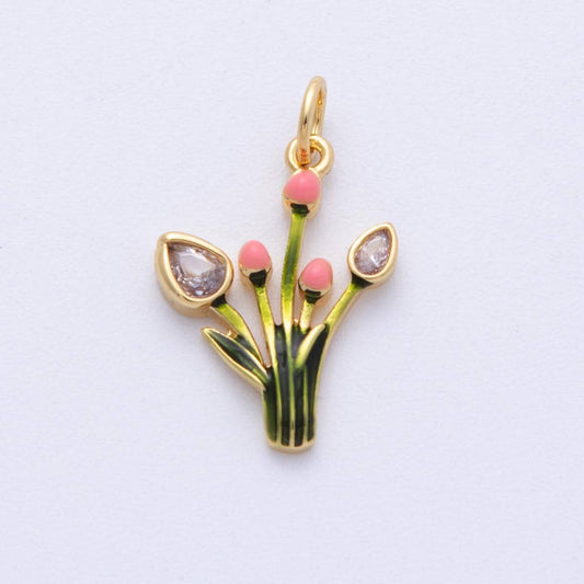 18K Gold Filled Tulip April Birth Flower Enamel With CZ Charm | Charms-00102