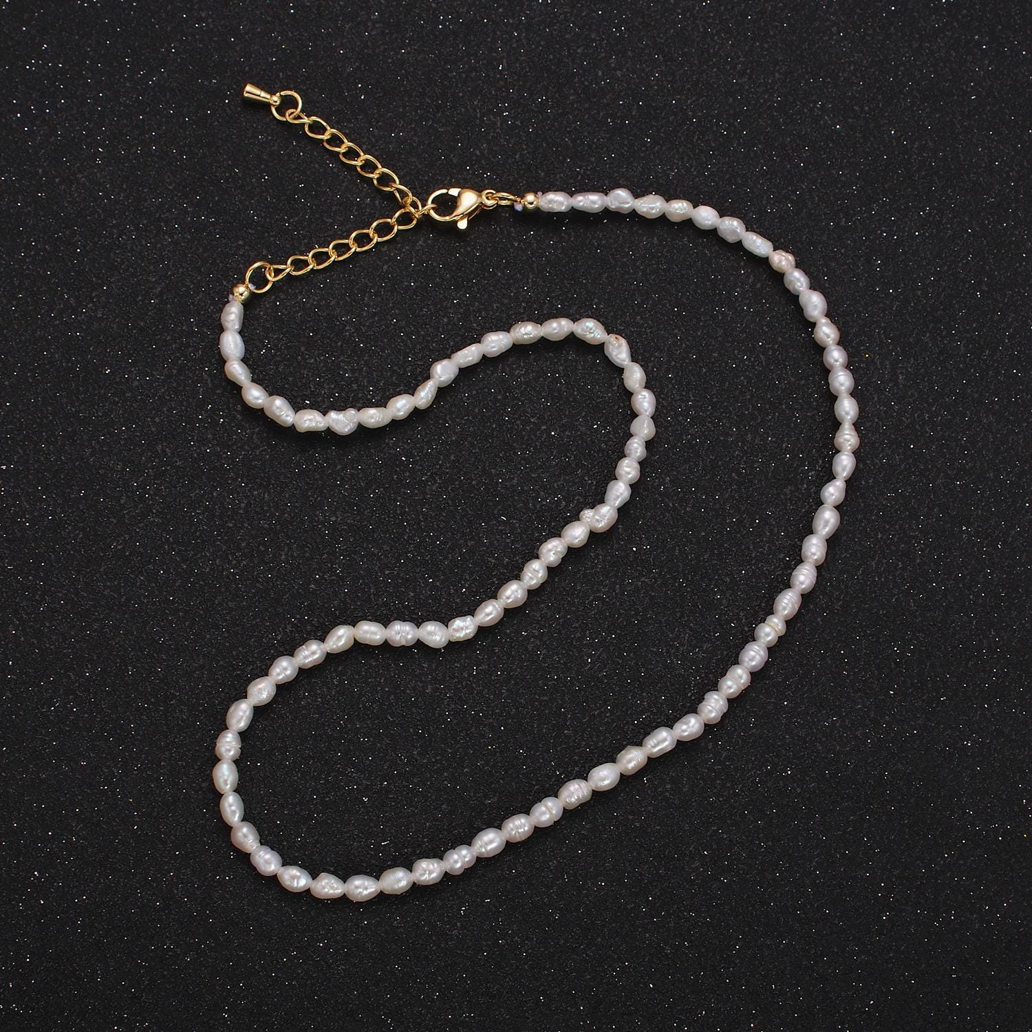 Handmade 3mm Natural Freshwater Pearl Choker Necklace 14.17 inch + 2 inch extender WA-1990