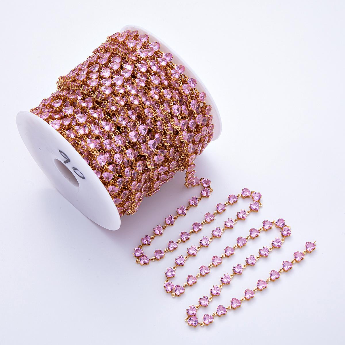 Pink Color Heart Chain, Gold Filled Micro Pave Heart Charm Chain by Yard Colorful cz Heart Chain for Jewelry Making Supply ROLL-1832