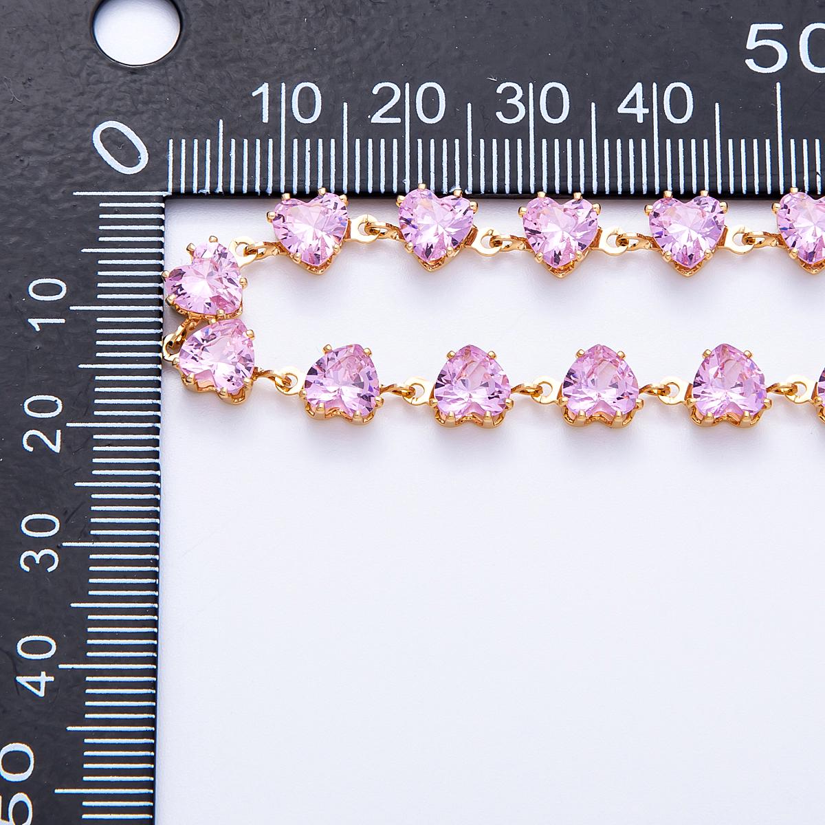 Pink Color Heart Chain, Gold Filled Micro Pave Heart Charm Chain by Yard Colorful cz Heart Chain for Jewelry Making Supply ROLL-1832