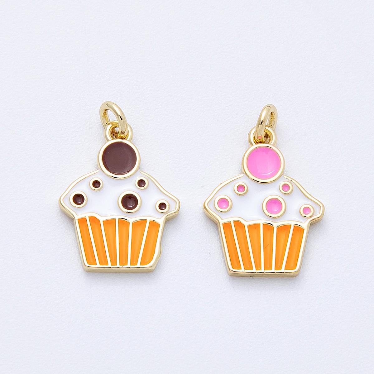 18K Gold Filled Cupcake Pendant Chocolate Strawberry Enamel for Foodie DIY Necklace Bracelet Charms-00155