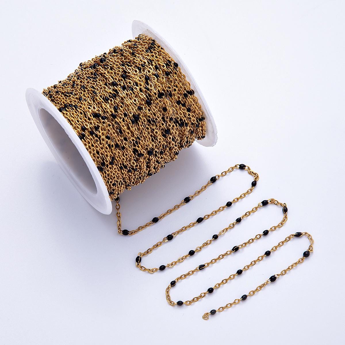 PVD Gold Enamel Ball Stainless Steel Cable Chain Enamel Black Satellite Bead Chain, DIY Jewelry by Yard Roll-1836
