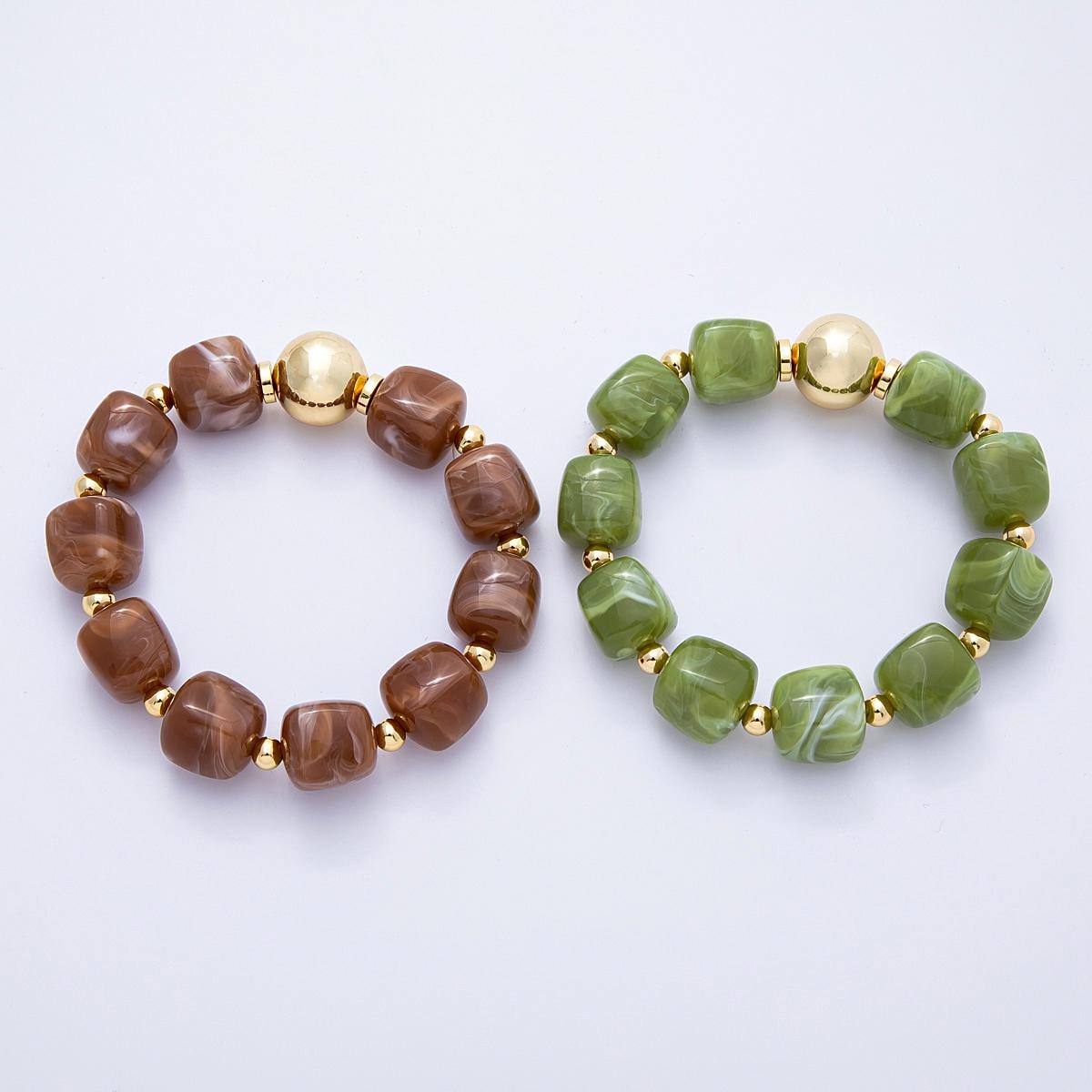 Handmade Brown Marbled Bead Stretch Bracelet, Chunky Resin Statement Bracelet with Gold Accent, Modern Jewelry Gift for Her WA4147