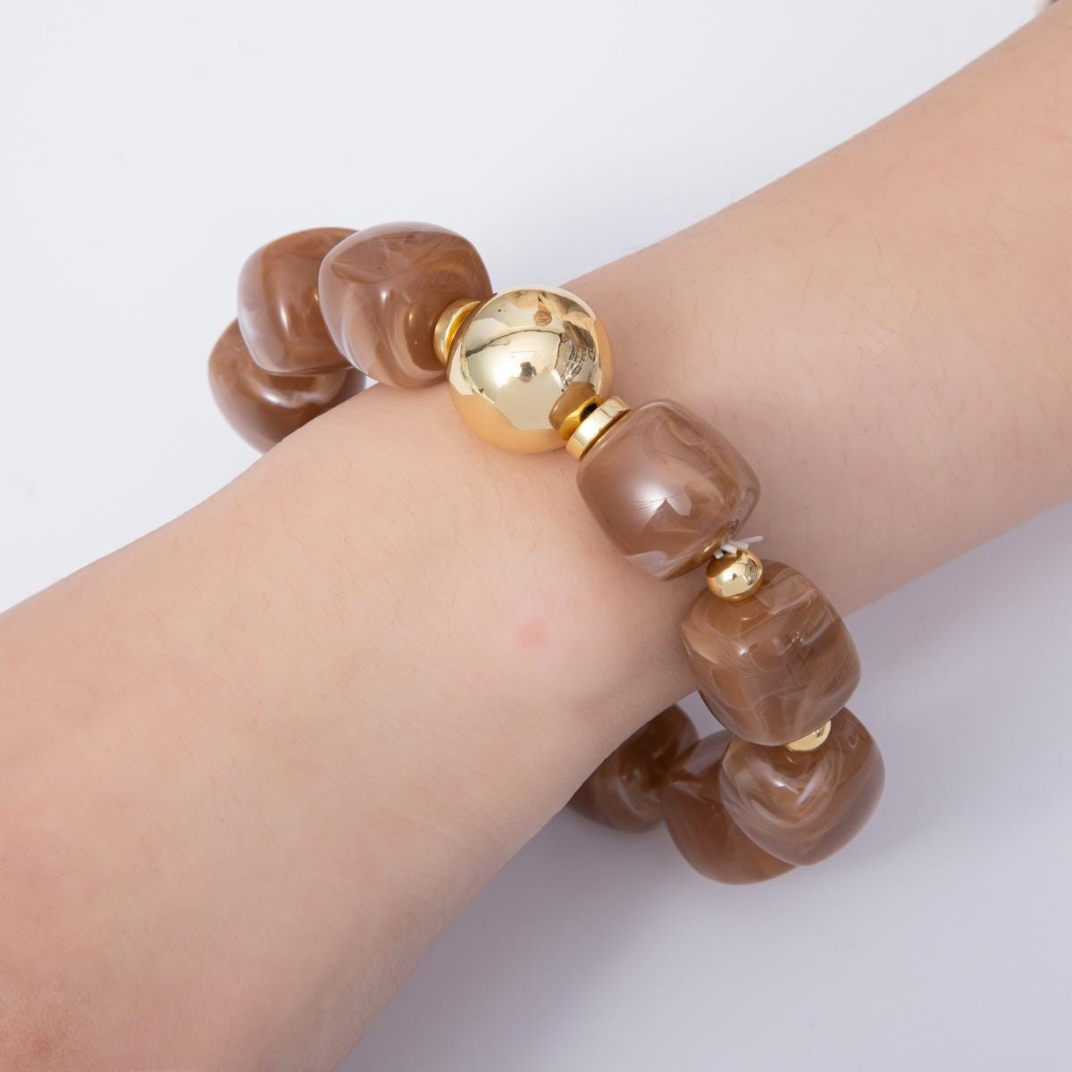 Handmade Brown Marbled Bead Stretch Bracelet, Chunky Resin Statement Bracelet with Gold Accent, Modern Jewelry Gift for Her WA4147