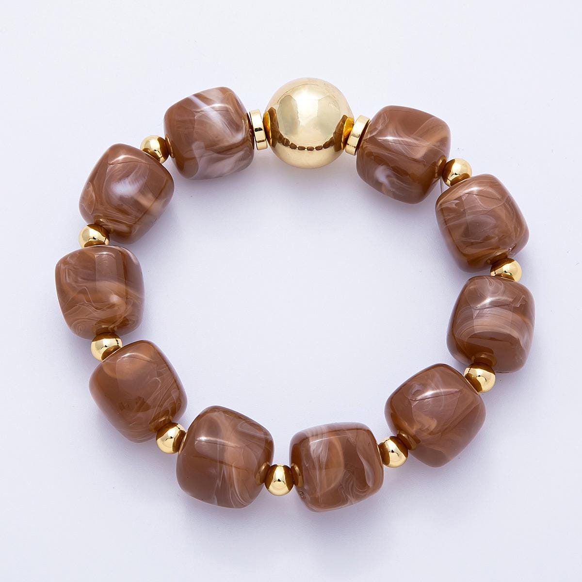 Handmade Brown Marbled Bead Stretch Bracelet, Chunky Resin Statement Bracelet with Gold Accent, Modern Jewelry Gift for Her WA4147