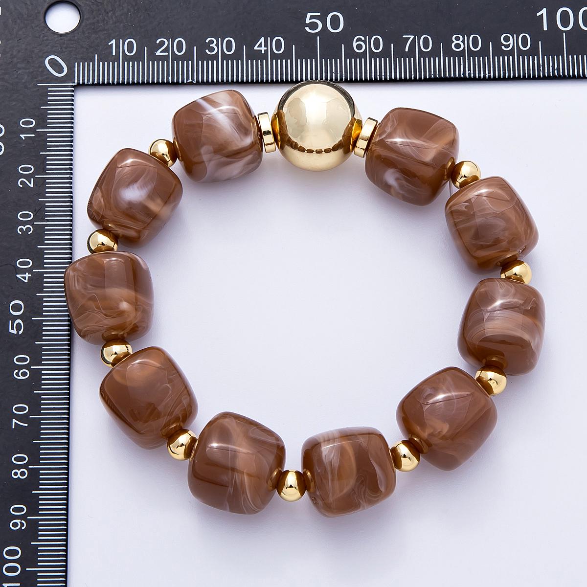 Handmade Brown Marbled Bead Stretch Bracelet, Chunky Resin Statement Bracelet with Gold Accent, Modern Jewelry Gift for Her WA4147