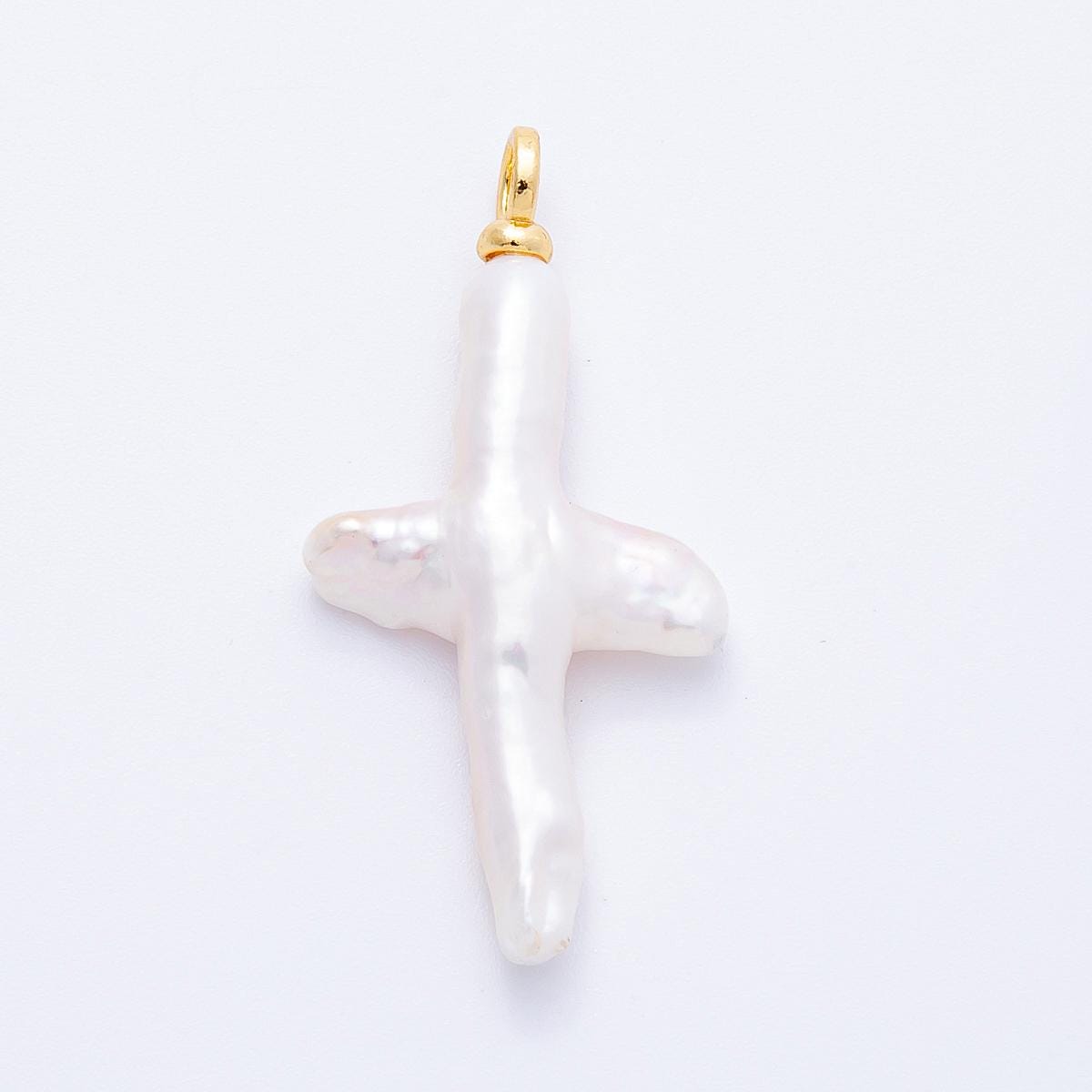 18K Gold Filled 40mm faux baroque Pearl Irregular Cross Religious Pendant faith symbol DIY Jewelry Supply for custom necklace | CHARMS-00172