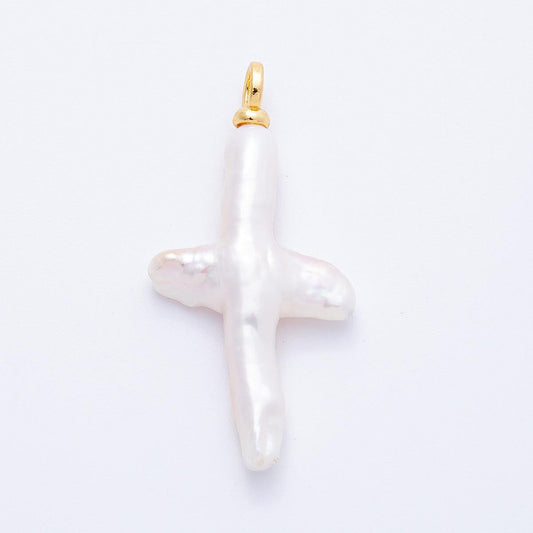 18K Gold Filled 40mm faux baroque Pearl Irregular Cross Religious Pendant faith symbol DIY Jewelry Supply for custom necklace | CHARMS-00172