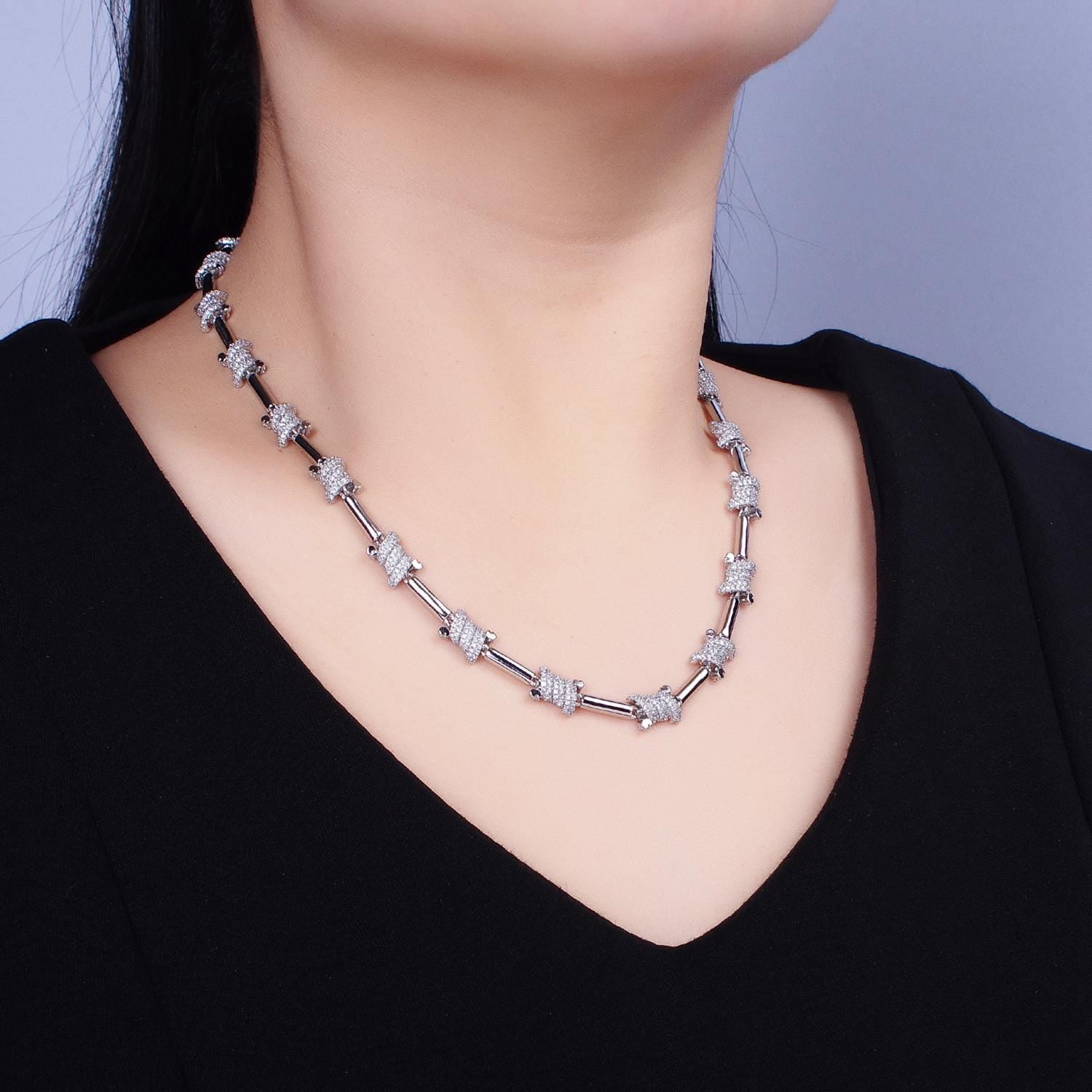 Barbed Wire Chain Necklace 17 inch Iced Gothic Designed Gold, Silver Layer Statement Necklace WA-1752