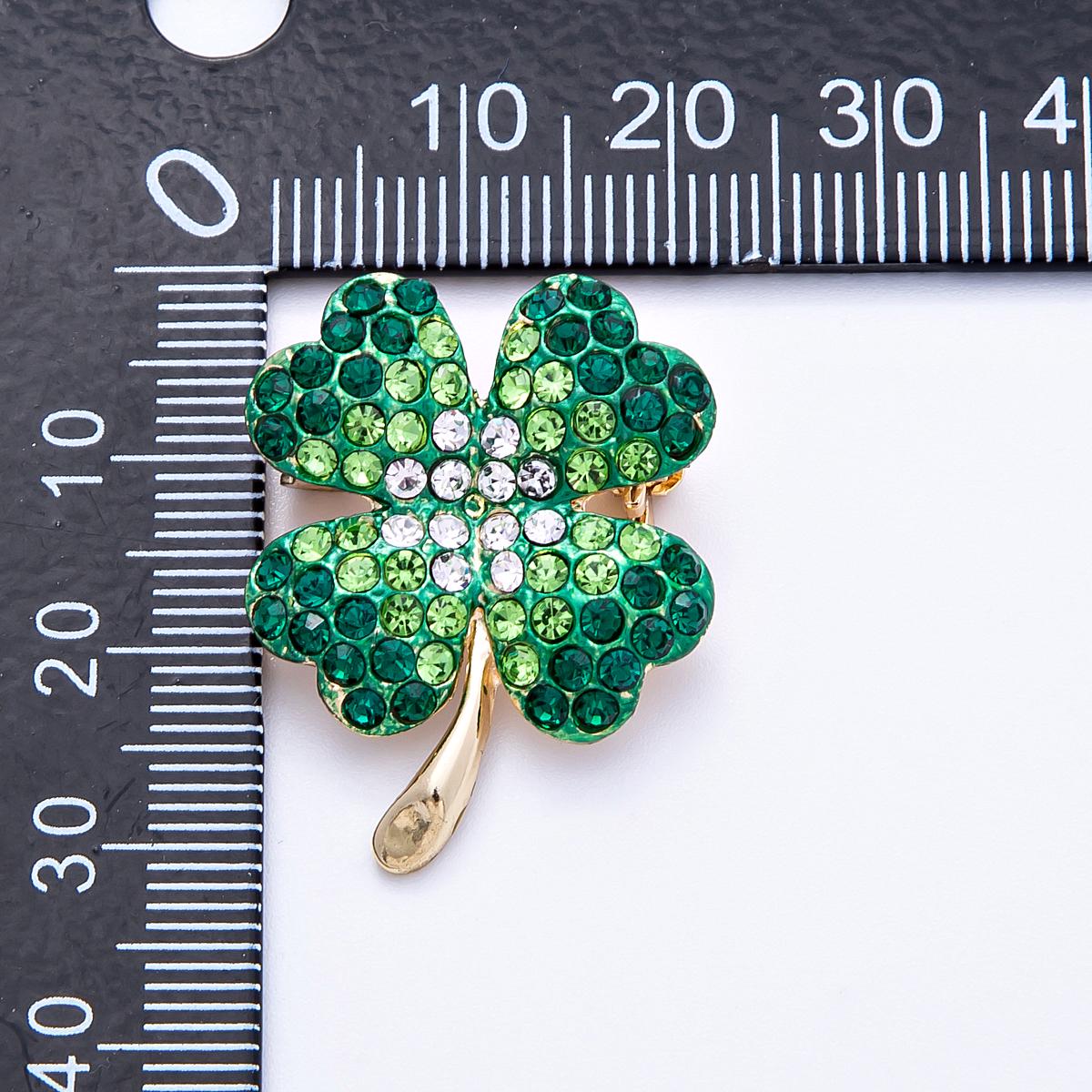 29.3mm Faux micro paved CZ Lucky Four Leaf Clover Brooch green rhinestone shamrock pin unisex St. Patrick's Day Accessory good luck | BH-103