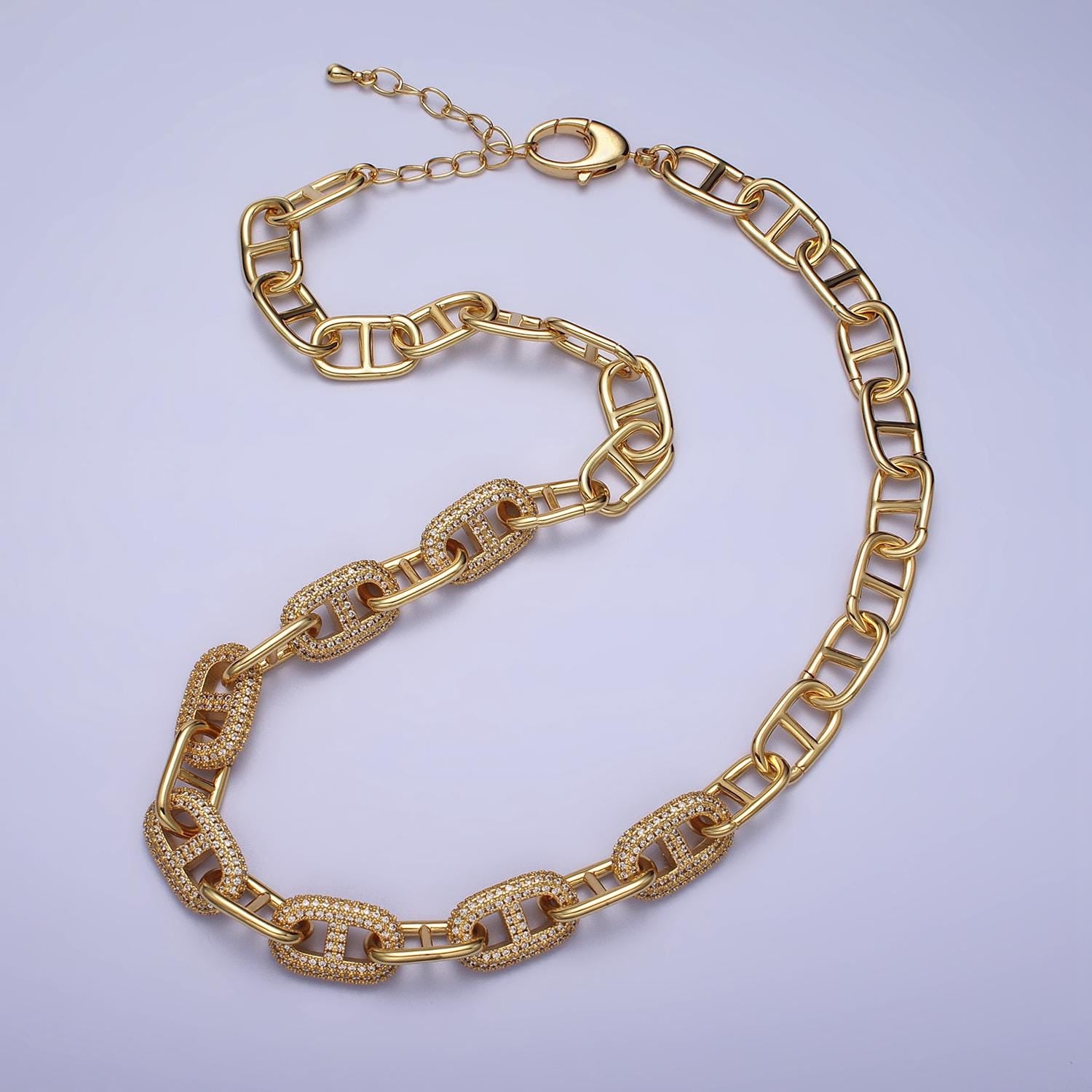 Chunky Anchor Chain Necklace 17 inch Iced Mariner Designed Chain Gold, Silver Layer Statement Necklace WA-1613