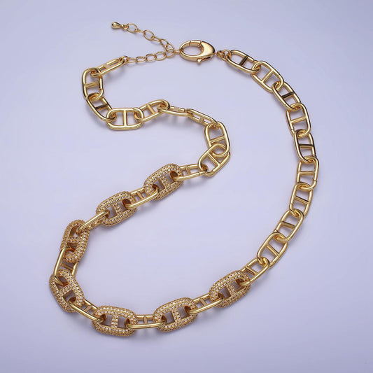Chunky Anchor Chain Necklace 17 inch Iced Mariner Designed Chain Gold, Silver Layer Statement Necklace WA-1613