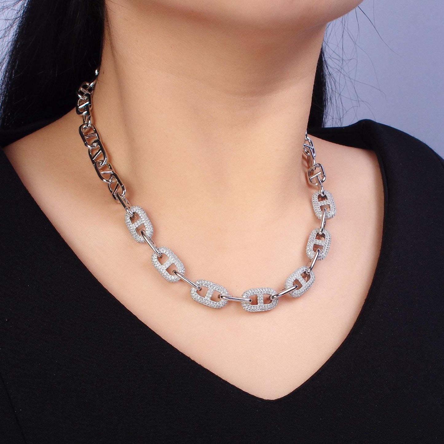 Chunky Anchor Chain Necklace 17 inch Iced Mariner Designed Chain Gold, Silver Layer Statement Necklace WA-1613
