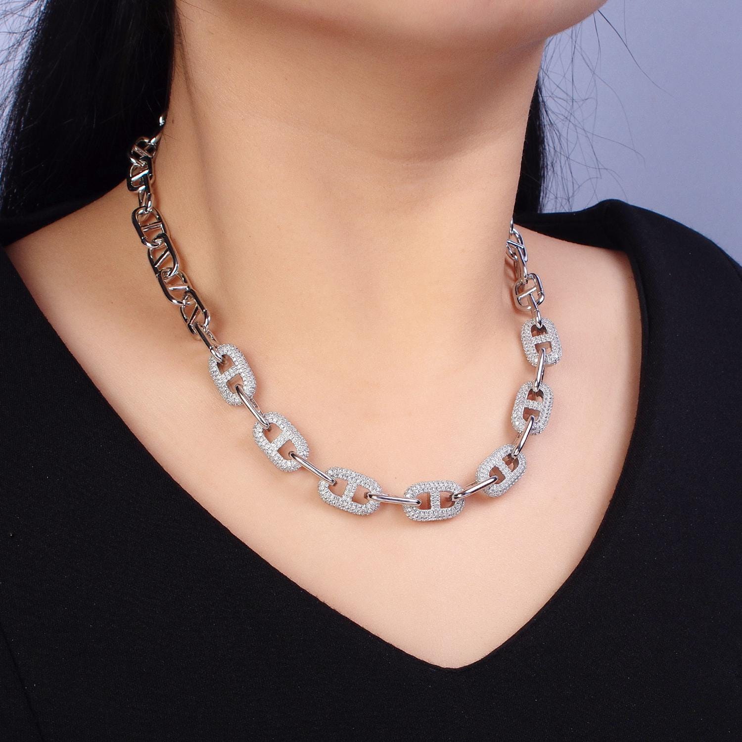 Chunky Anchor Chain Necklace 17 inch Iced Mariner Designed Chain Gold, Silver Layer Statement Necklace WA-1613