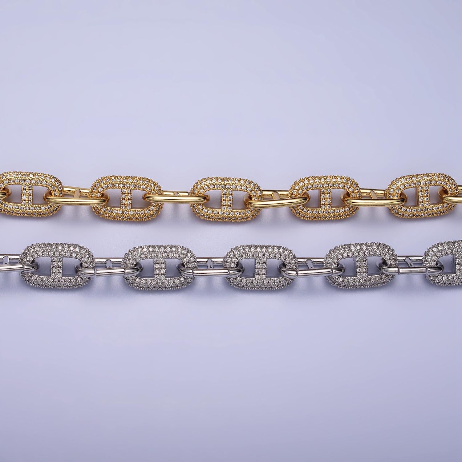 Chunky Anchor Chain Necklace 17 inch Iced Mariner Designed Chain Gold, Silver Layer Statement Necklace WA-1613
