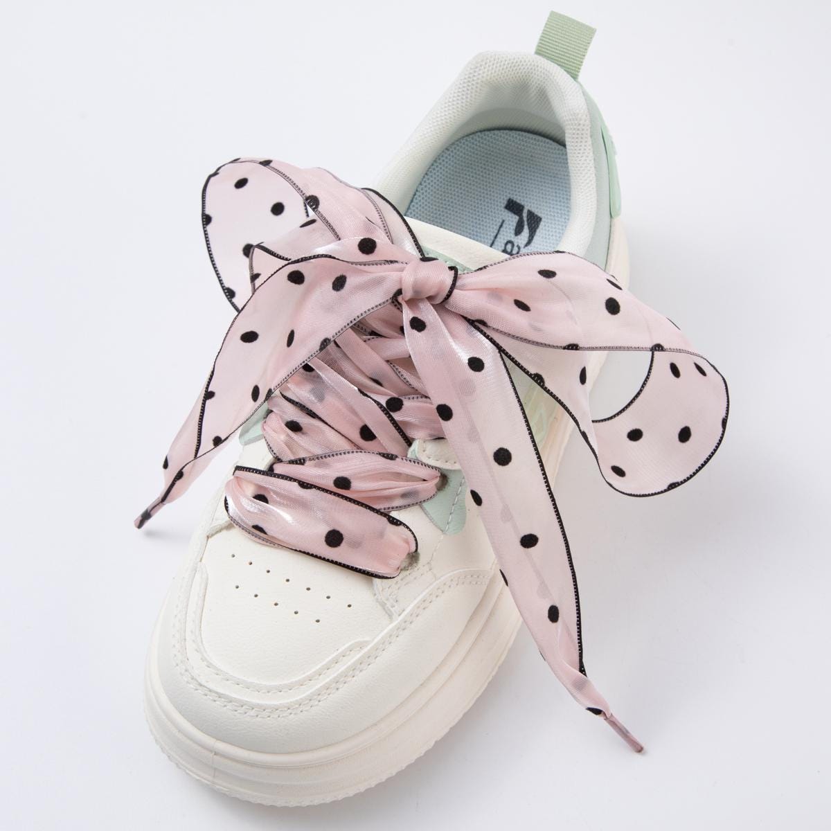 White, Pink, and Grey polka dot ribbon shoelaces romantic wide sheer sneaker laces for Fashion shoe game everyday chic accessory | WB-00309