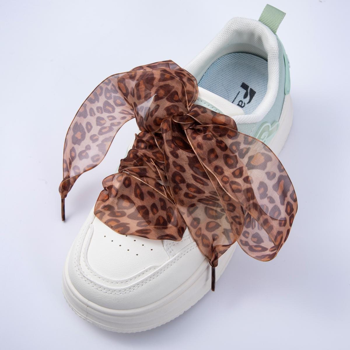 Leopard Print Organza ribbon shoelaces wide animal print sneaker laces for Fashion shoe game everyday chic fashion accessory | WB-00307