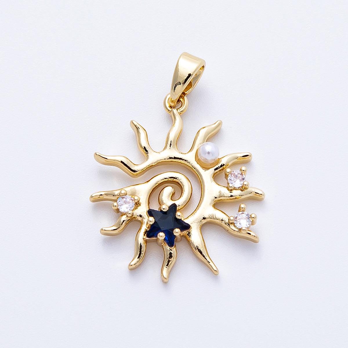 16K Gold Filled 22.5mm Blue CZ Shell Pearl Celestial Sun Pendant in Gold & Silver Blue Sapphire Star accents jewelry supply | CHARMS-00186