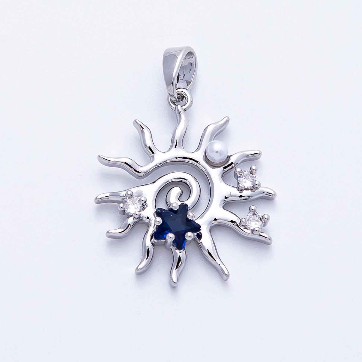 16K Gold Filled 22.5mm Blue CZ Shell Pearl Celestial Sun Pendant in Gold & Silver Blue Sapphire Star accents jewelry supply | CHARMS-00186