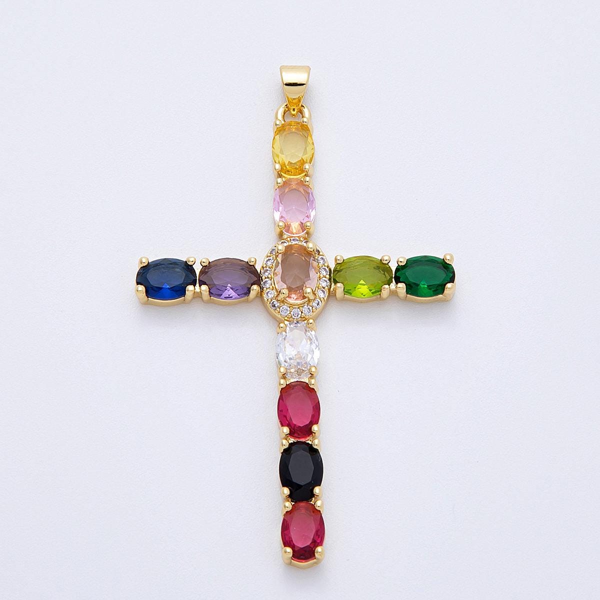 16K Gold Filled 57mm Clear, Black, Multicolor Oval Micro Paved CZ Religious Pendant Christian Necklace Cross Jewelry Supply | Charms-00159