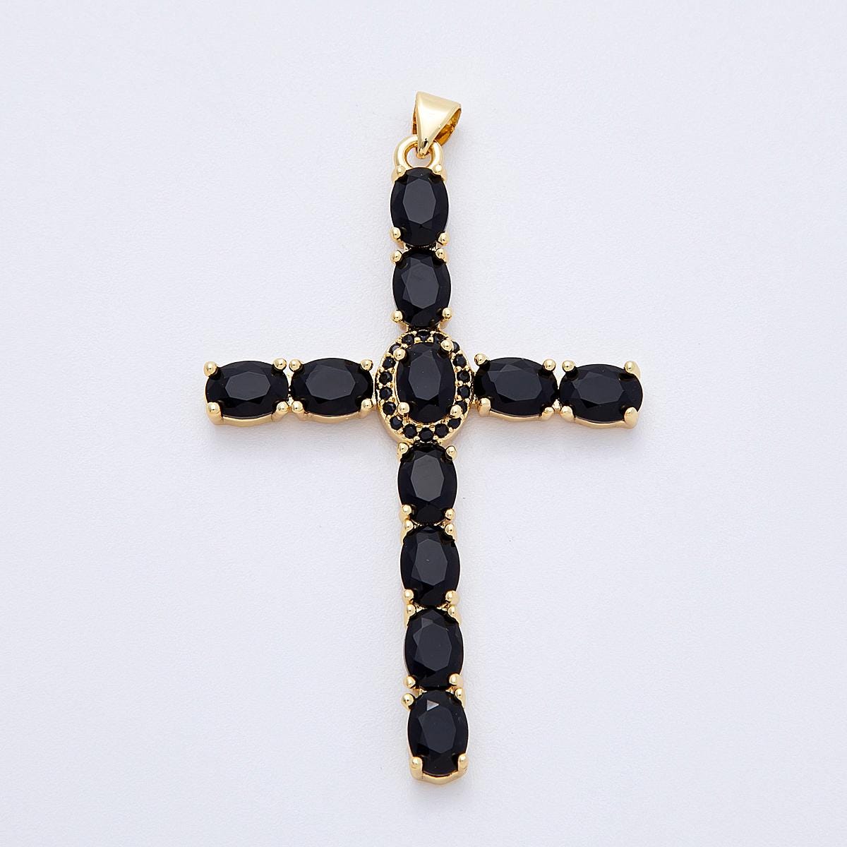16K Gold Filled 57mm Clear, Black, Multicolor Oval Micro Paved CZ Religious Pendant Christian Necklace Cross Jewelry Supply | Charms-00159