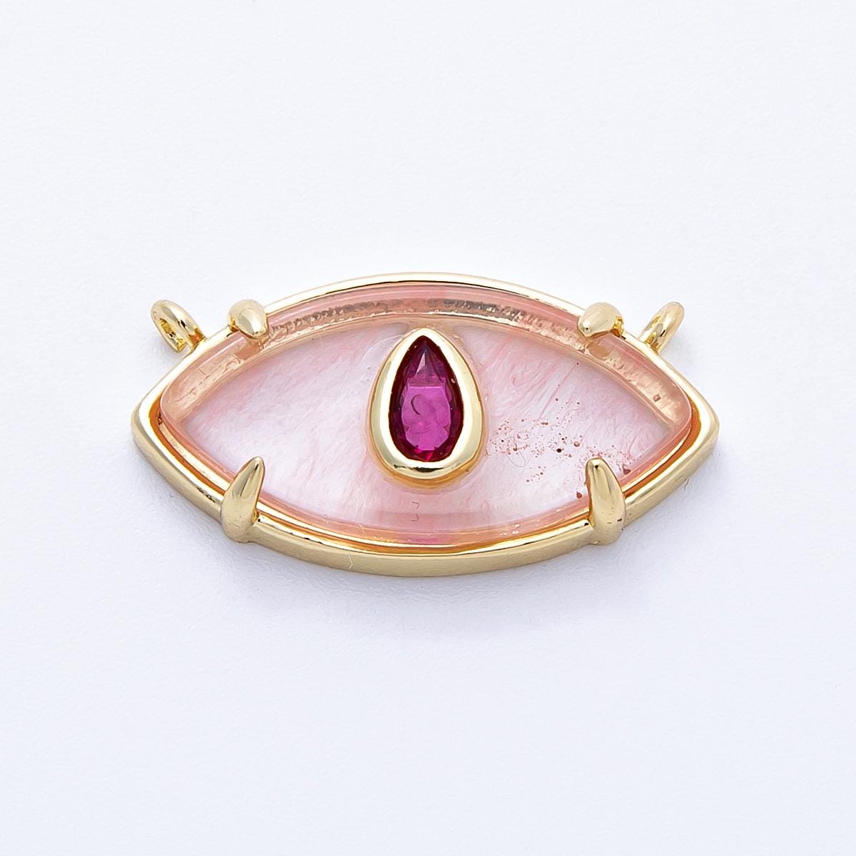 16K Gold Filled 22.5mm Aquamarine, Pink Quartz Fuchsia CZ Evil Eye Connector Statement Stone Charms DIY Jewelry Supply | Connectors-00009
