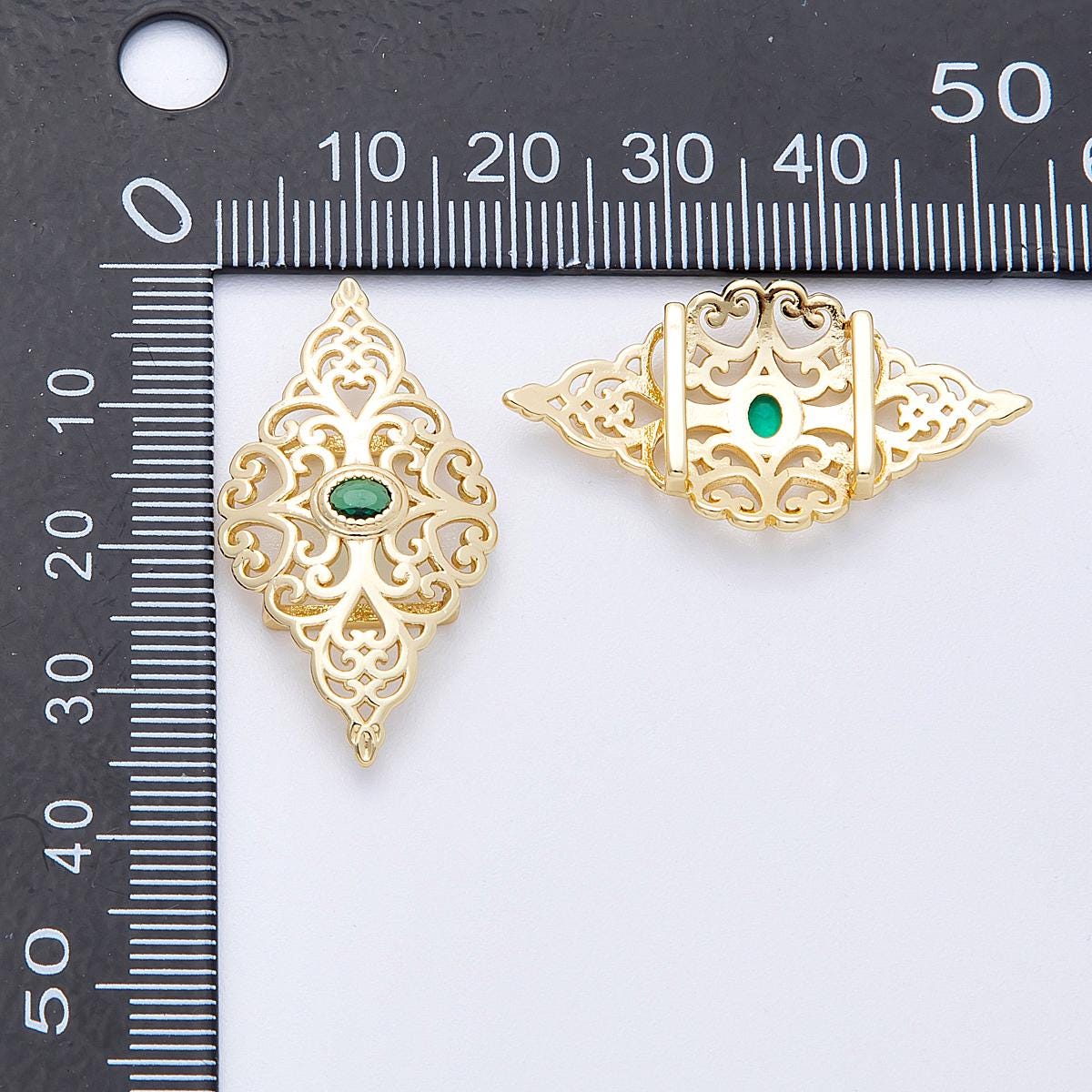 16K Gold Filled 34mm Green CZ Oval Filigree Geometric Charm Finding Victorian style DIY jewelry making supply necklace | Findings-00036