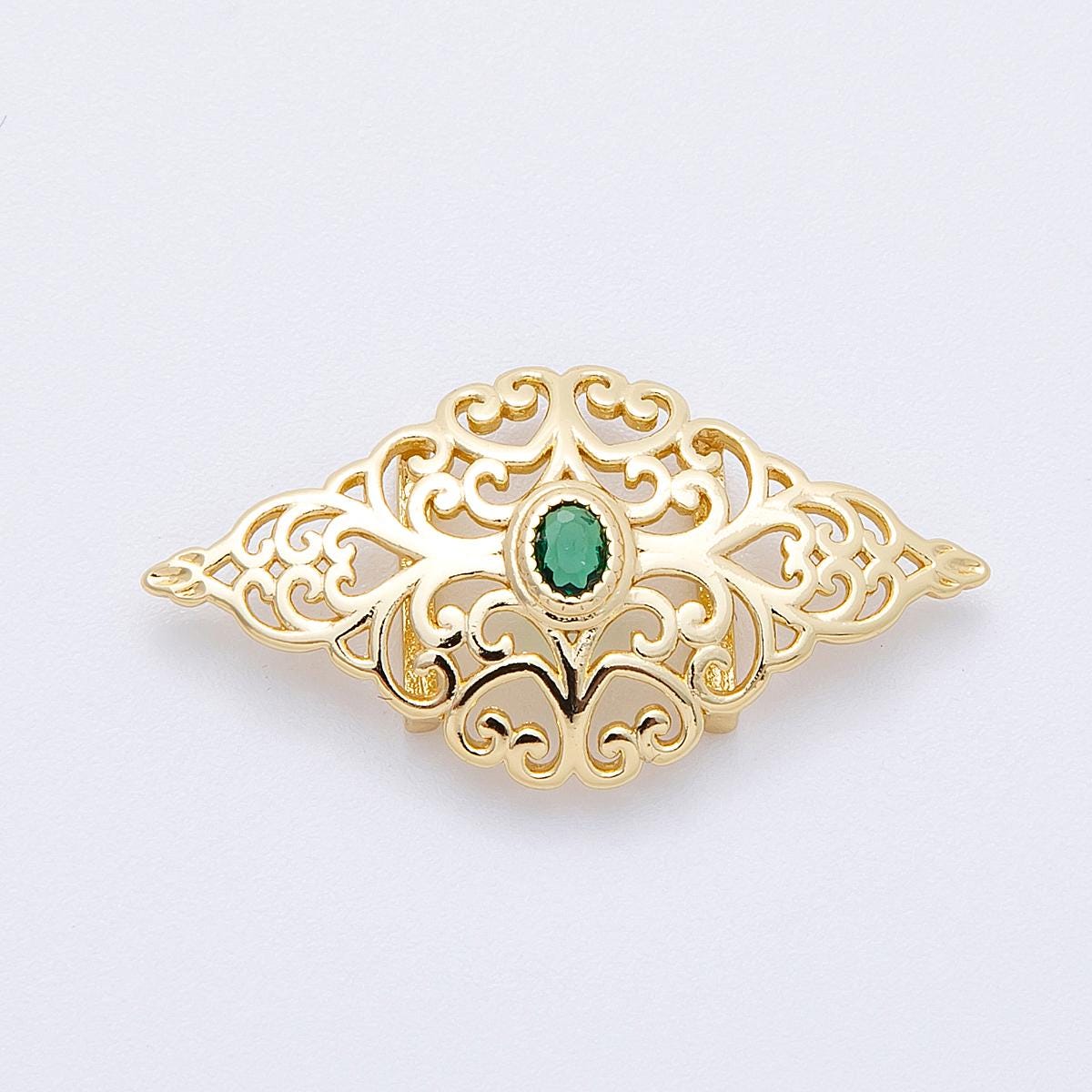 16K Gold Filled 34mm Green CZ Oval Filigree Geometric Charm Finding Victorian style DIY jewelry making supply necklace | Findings-00036