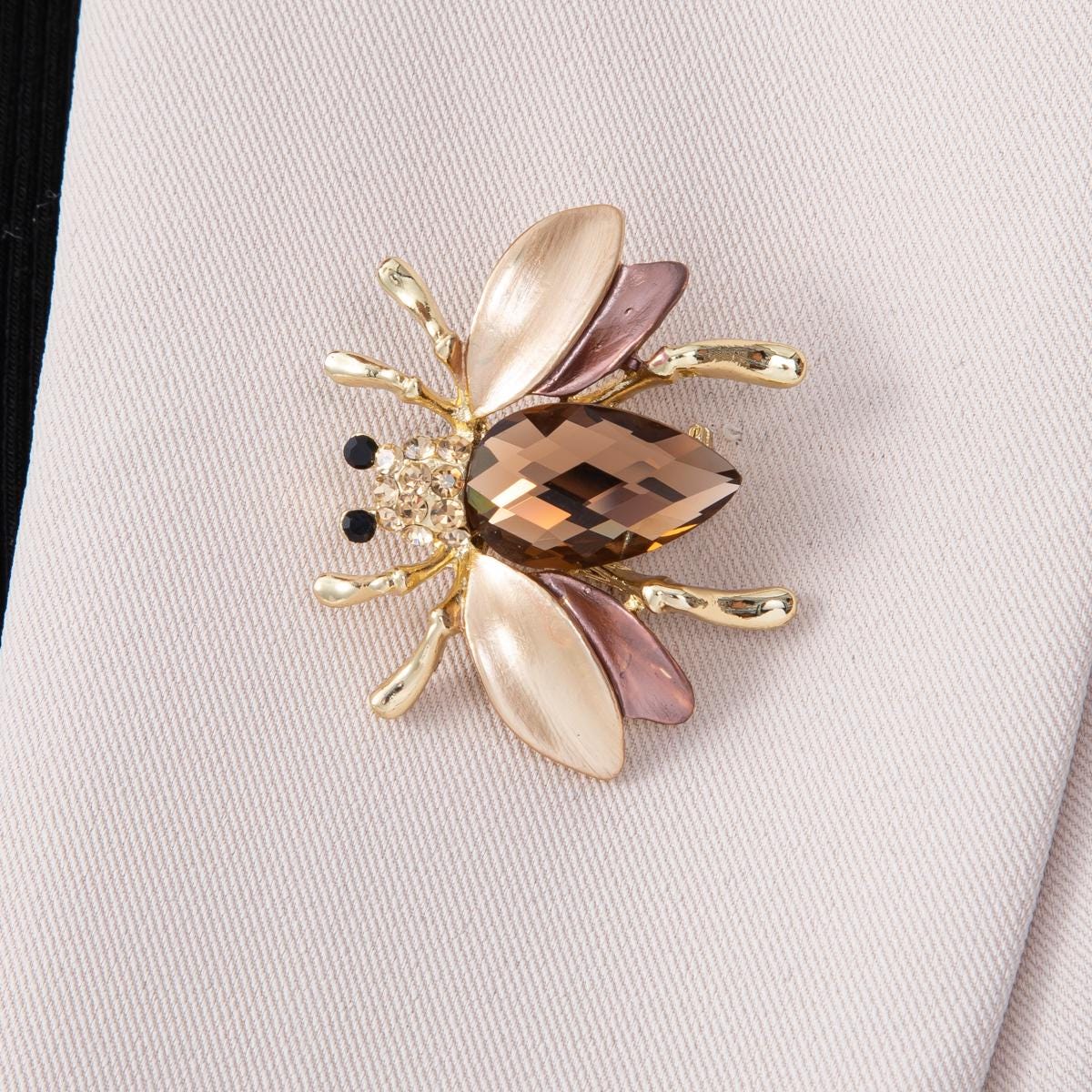 32mm Sparkly Amber Crystal Honey Bee Brooch Gold Tone Rhinestone Bumblebee Pin dainty insect accessory for women unique nature gift | BH-102