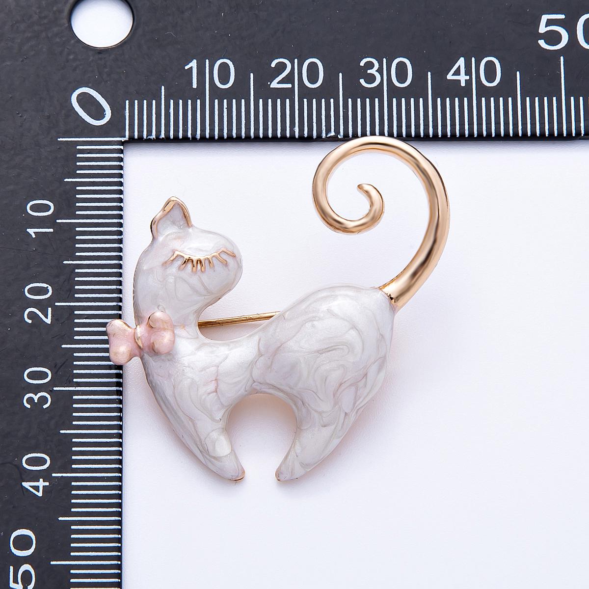38mm Dainty Enamel Cat Brooch Elegant Black or white kitten pin with pink bowknot unique cat lover gift animal lapel pin for her | BH-105