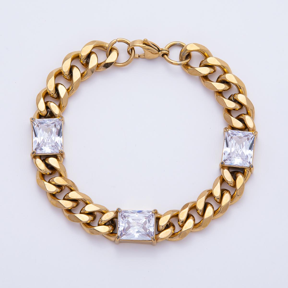 PVD Gold Cuban Link Bracelet with 3 Princess Cut Stones – Hip Hop Statement Chain Bracelet for Women Luxury Chunky Gold Jewelry Gift WA-4163