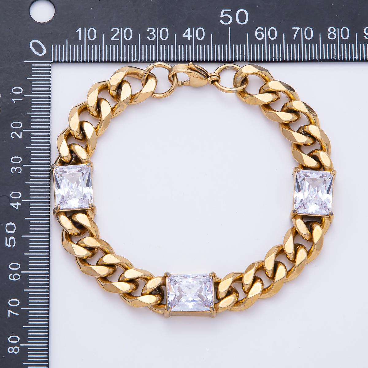 PVD Gold Cuban Link Bracelet with 3 Princess Cut Stones – Hip Hop Statement Chain Bracelet for Women Luxury Chunky Gold Jewelry Gift WA-4163