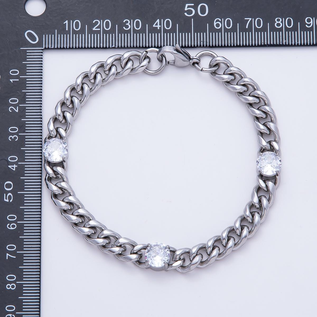 Stainless Steel Cuban Link Bracelet with 3 Crystal Stones Hip Hop Statement Chain Bracelet for Women Luxury Chunky Jewelry Gift WA-4161