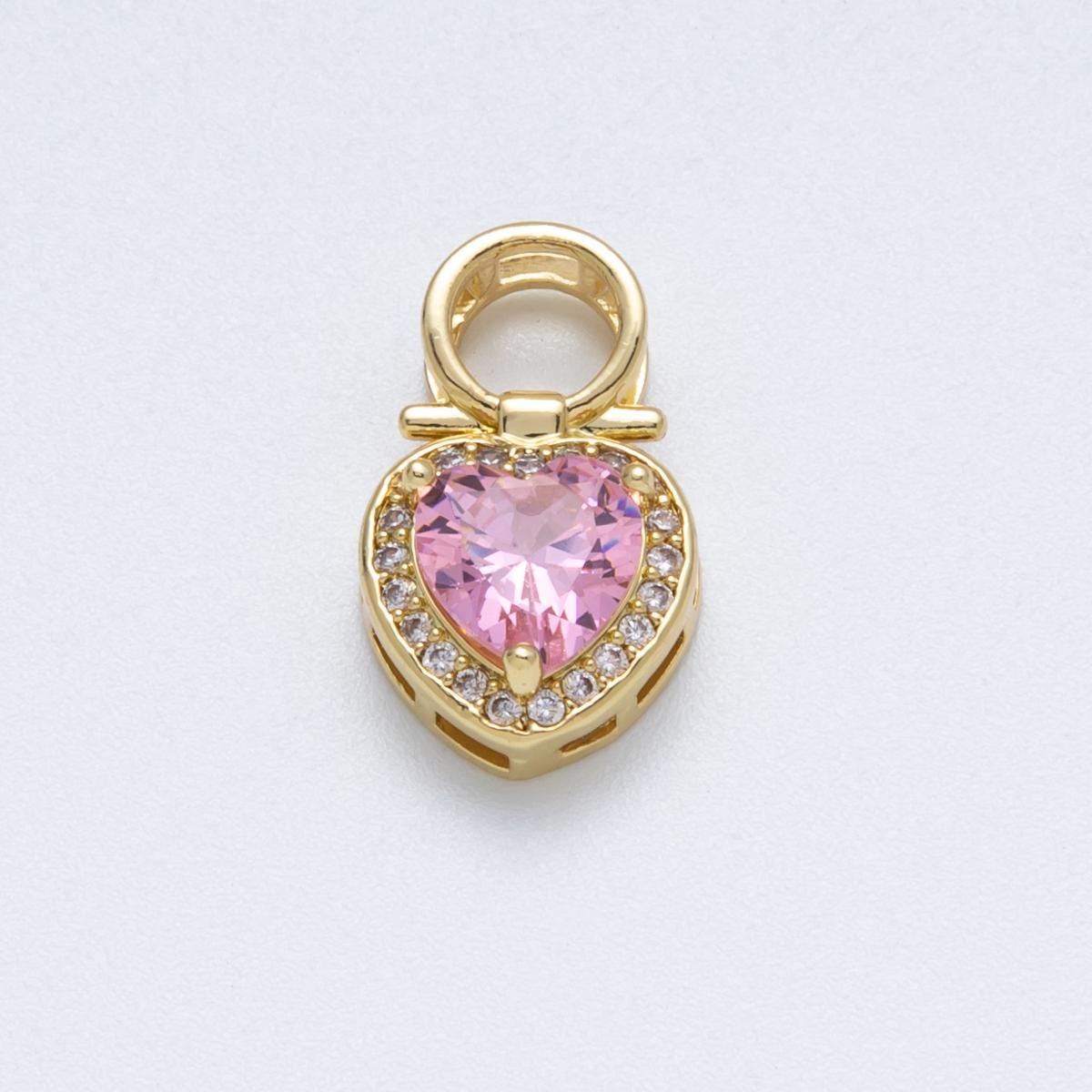 18k gold filled tiny heart charm pink cubic Zirconia micro pave charm for necklace component Charms-00146