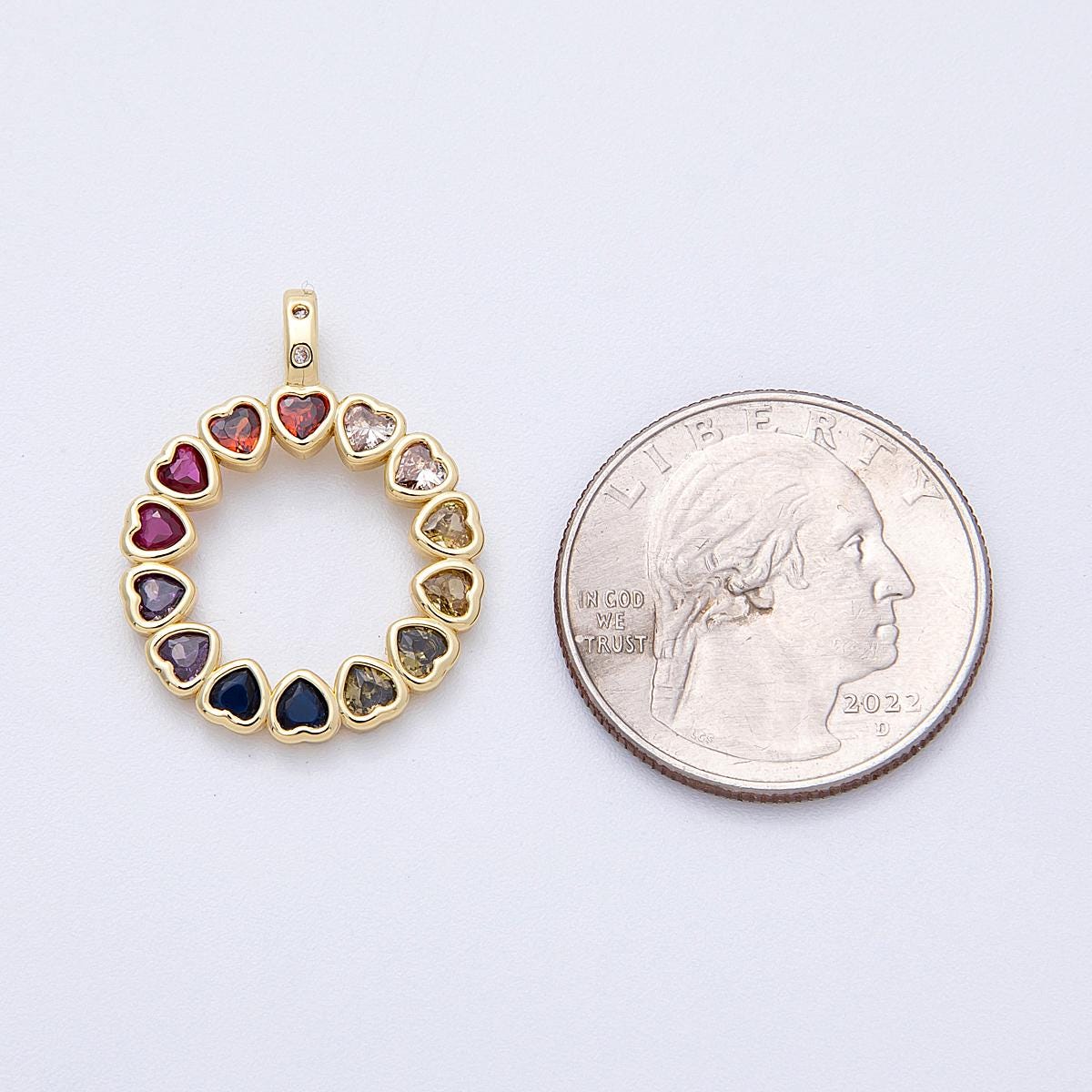 16k gold filled 26mm Colorful Rainbow heart CZ circle pendant vibrant gemstone jewelry gift for her DIY Jewelry Supply | CHARMS-00124