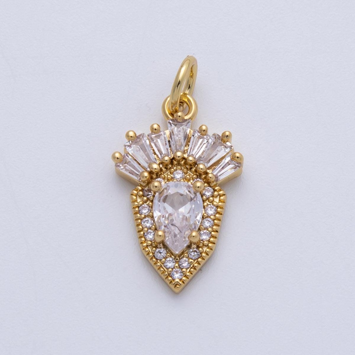 18K Gold Filled 17mm Clear Multi Cut CZ Royal Shield Charm dainty crown with baguette stones DIY Jewelry Making Supply | CHARMS-00143