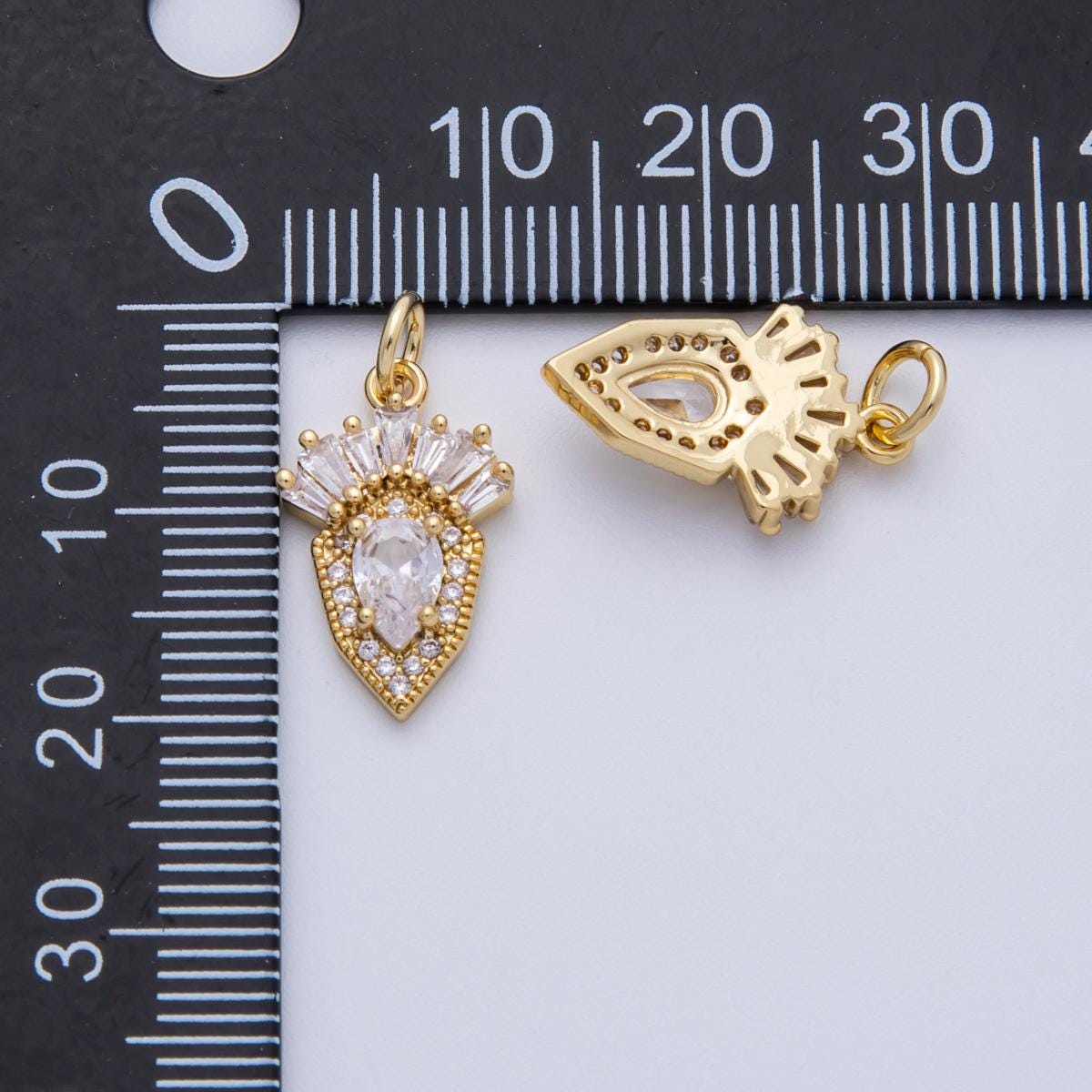 18K Gold Filled 17mm Clear Multi Cut CZ Royal Shield Charm dainty crown with baguette stones DIY Jewelry Making Supply | CHARMS-00143