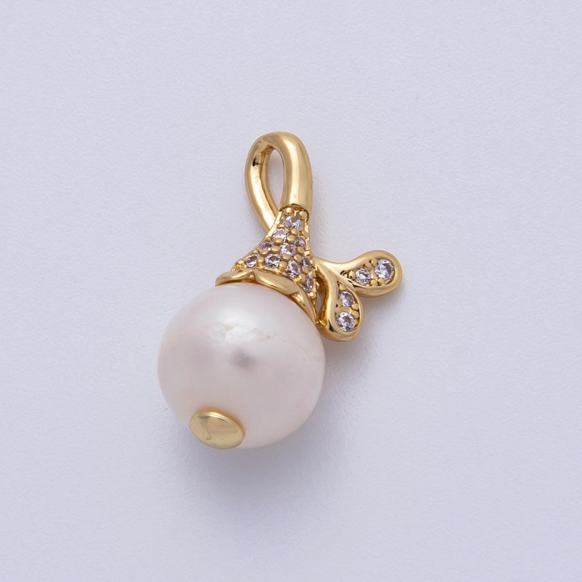 18K Gold Filled 19mm Royal Shell Pearl Ribbon Paved Pendant Dainty Leaf Charm Minimalist Bridal Jewelry Making Supply finding | Charms-00145
