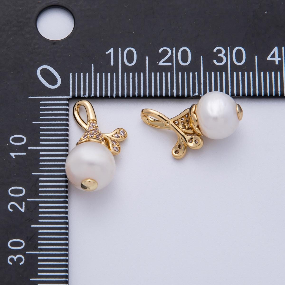 18K Gold Filled 19mm Royal Shell Pearl Ribbon Paved Pendant Dainty Leaf Charm Minimalist Bridal Jewelry Making Supply finding | Charms-00145