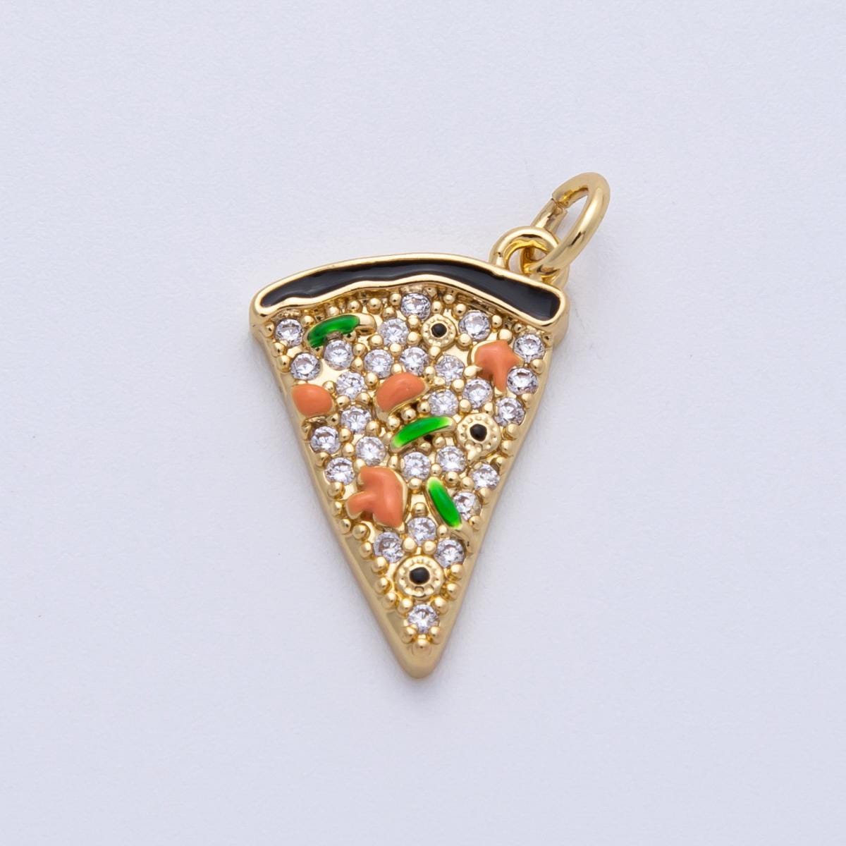 18K Gold Filled 17mm Clear Micro Paved CZ Party Pizza Slice Charm Foodie Junk Food Charm DIY Jewelry Supply necklace bracelet | Charms-00150