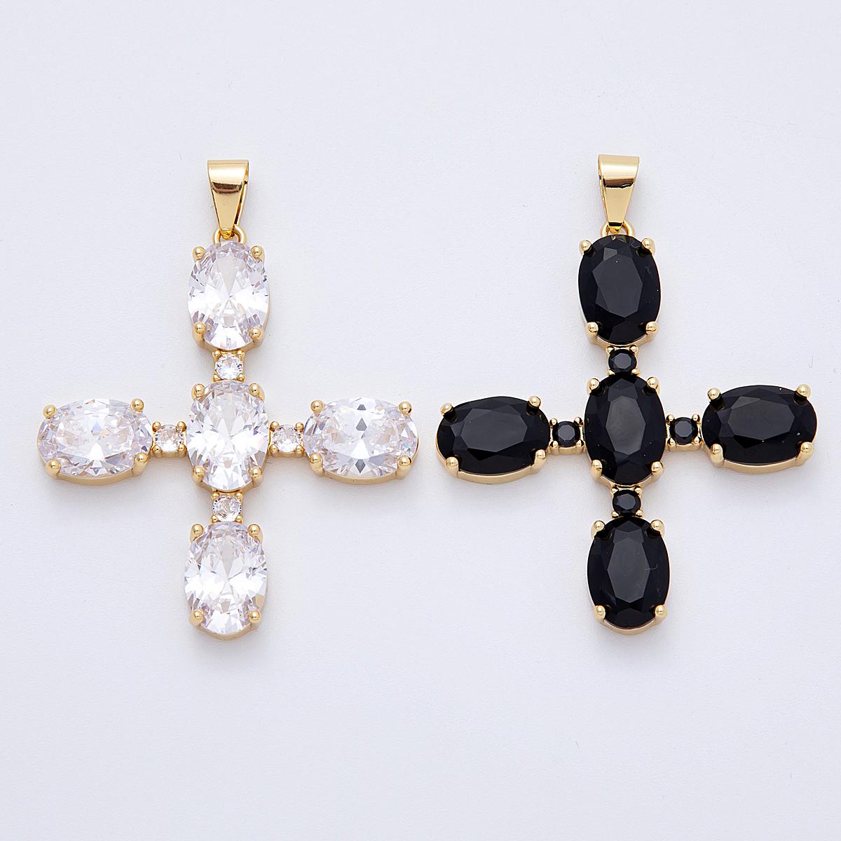 16k gold filled cross pendant oval white and black CZ dainty religious charm Christian Jewelry Supply DIY Necklace making | CHARMS-00162