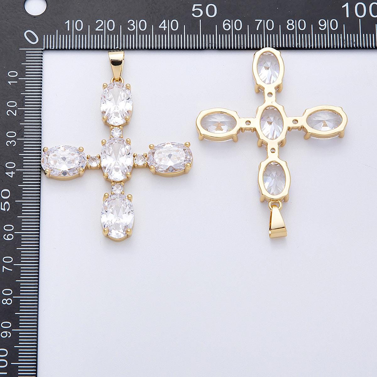 16k gold filled cross pendant oval white and black CZ dainty religious charm Christian Jewelry Supply DIY Necklace making | CHARMS-00162