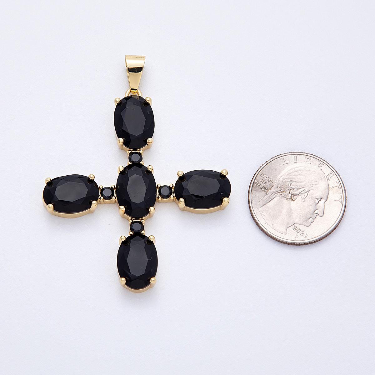 16k gold filled cross pendant oval white and black CZ dainty religious charm Christian Jewelry Supply DIY Necklace making | CHARMS-00162