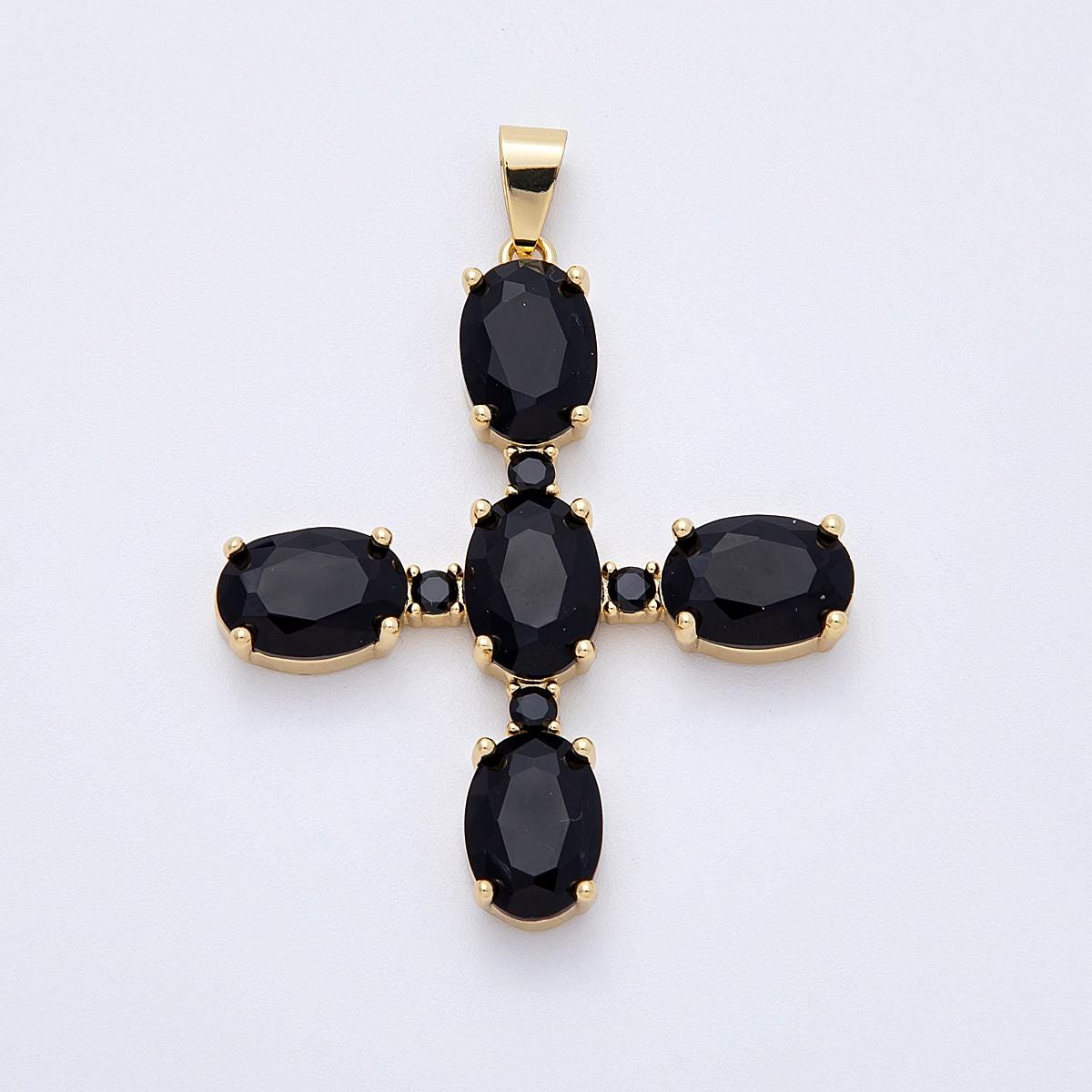 16k gold filled cross pendant oval white and black CZ dainty religious charm Christian Jewelry Supply DIY Necklace making | CHARMS-00162