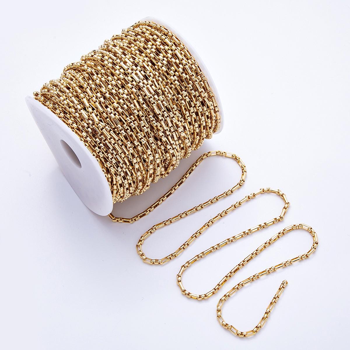 Dainty 3.3mm PVD Gold rolo stadium cable paperclip wholesale bulk jewelry making Stainless Steel Chain by Yard | ROLL-1837