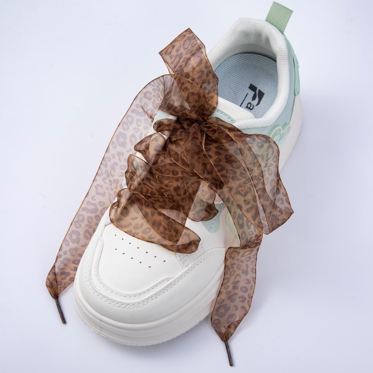 Leopard Print Organza ribbon shoelaces wide animal print sneaker laces for Fashion shoe game everyday chic fashion accessory | WB-00305
