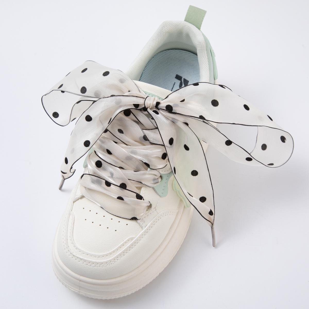 White, Pink, and Grey polka dot ribbon shoelaces romantic wide sheer sneaker laces for Fashion shoe game everyday chic accessory | WB-00309