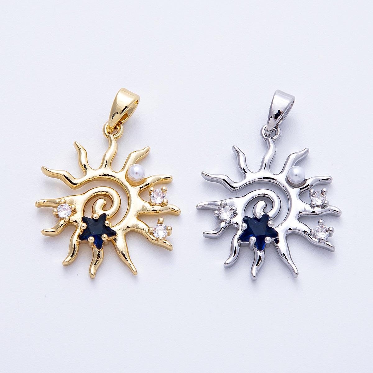 16K Gold Filled 22.5mm Blue CZ Shell Pearl Celestial Sun Pendant in Gold & Silver Blue Sapphire Star accents jewelry supply | CHARMS-00186